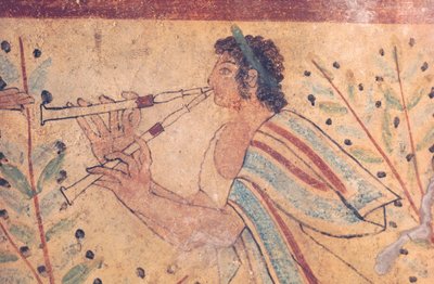 Etruskisk konst: en flöjtspelare. Detalj av en fresk vid leopardernas grav, i nekropolen de Monterozzi, Italien, början av 500-talet f.Kr. (fresk) av Etruscan