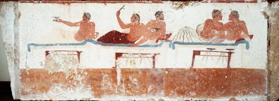 Etruskisk konst: bankettscen. Fresk av "dykarens grav". Från Paestums södra kyrkogård. 480-470 f.Kr. Museo Archeologico Nazionale, Paestum av Etruscan
