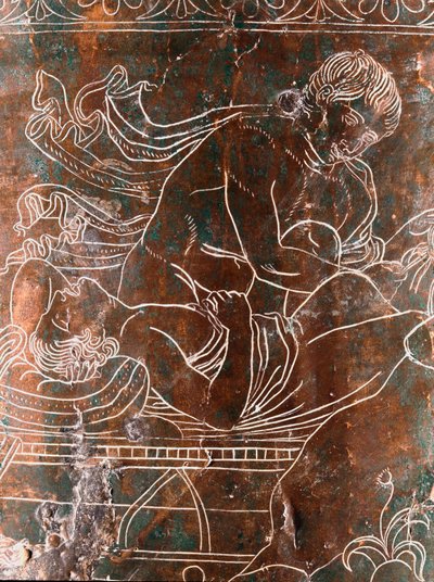 Etruskisk konst: detalj av brons Ficoroni Cistus som representerar legenden om Argonauterna: Argos skepp. Från Preneste (Palestrina). 340 f.Kr. Museo Nazionale di Villa Giulia, Rom av Etruscan