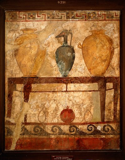 Etruskisk konst: bord med vaser med erbjudanden. Fresk från Paestums kyrkogård. 4:e århundradet f.Kr. Museo Archeologico Nazionale, Neapel, Italien av Etruscan