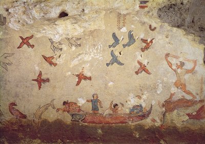 Fiskare i en båt och fåglar som flyger, från fisketomten, ca 520-510 f.Kr. (väggmålning) av Etruscan