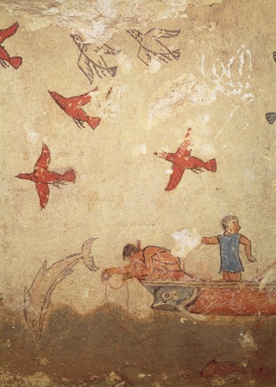 Fiskebåt, från jakt- och fiskegraven, c.520-10 f.Kr. (väggmålning) av Etruscan