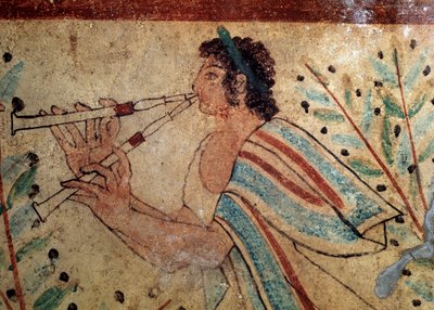 Flöjtist. Detalj av en fresk av leopardernas grav, 500-talet f.Kr av Etruscan