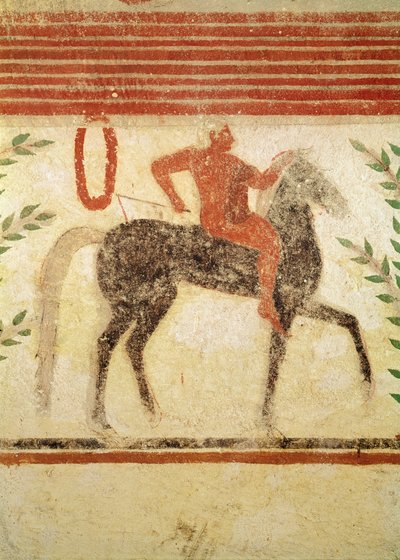 Ryttare, vänster sida, från baronens grav, c.500 f.Kr. (väggmålning) av Etruscan
