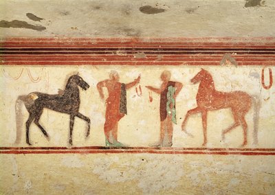Hästar och ryttare som håller i tyglarna, från baronens grav, ca 500 f.Kr. (väggmålning) av Etruscan