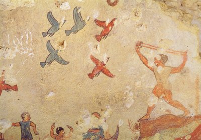 Fågeljägare, från jakt- och fiskegraven, c.520-10 f.Kr. (väggmålning) av Etruscan