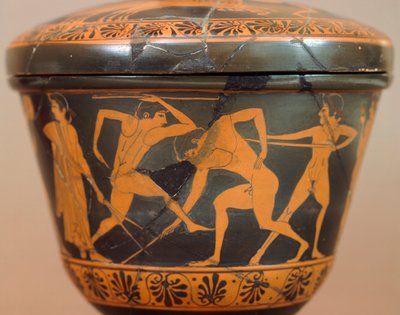 Pyxis med idrottare i gymmet. Rödfigurkeramik, från Cerveteri (Lazio). Etruskisk civilisation, 400-talet f.Kr. av Etruscan