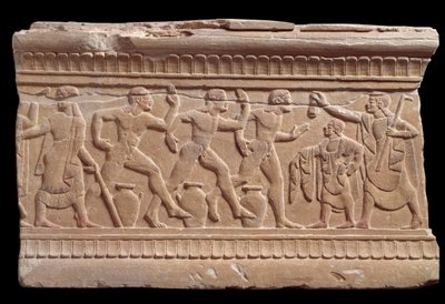 Lättnad med ett lopp av idrottare från en marmormilstolpe i Chiusi, Italien, 600-talet f.Kr. av Etruscan