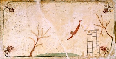 dykare, cirka 480-490 f.Kr., dekorativ fresk från täckplattan i dykarens grav i Paestum, Kampanien, Italien, 500-talet f.Kr. av Etruscan