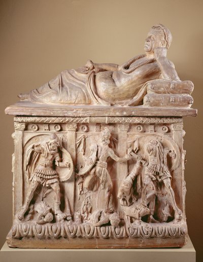 Cinerary Urna, 2:a århundradet f.Kr. (terrakotta med polykrom) av Etruscan Etruscan