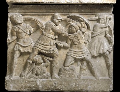 Etruskisk konst: "" Eteocle and Polynice""" de två bröderna, son till Oidipus, Basrelief av en sarkofag av Chiusi, 300-talet f.Kr. - Palermo, Museo Archeologico Nazionale - Duell mellan bröderna Eteocles och Polynices, söner till Oidipus - Bas -lättnad, de av Etruscan Etruscan