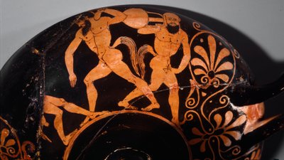 Etruskisk konst: Kylix dekorerar en komos, rituell kortege av satyrer (första exemplet på etruskisk keramik med röda figurer med hjälp av relieflinjer). 380 f.Kr. Från Vulci (?) Paris, Musee Rodin av Etruscan Etruscan