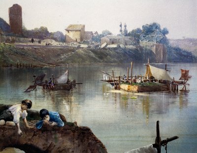 Fiskarnas Giornelli (fiskhjul) på Tibern nära Porto di Ripa Grande i Rom, av Ettore Roesler Franz (1845-1907), akvarell, Italien av Ettore Roesler Franz