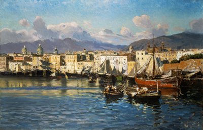 Gamla hamnen i Palermo (olja på duk) av Ettore de Maria Bergler