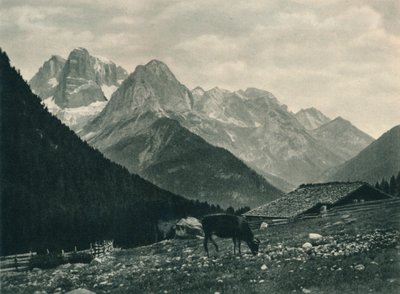 Utsikt över Brentagruppen med alpbete, Madonna di Campiglio, Dolomiterna, Italien, 1927 av Eugen Poppel