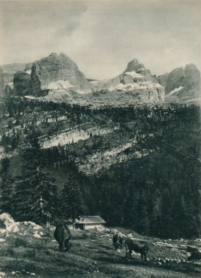 Utsikt över Brentagruppen med alpbete, Madonna di Campiglio, Dolomiterna, Italien, 1927 av Eugen Poppel