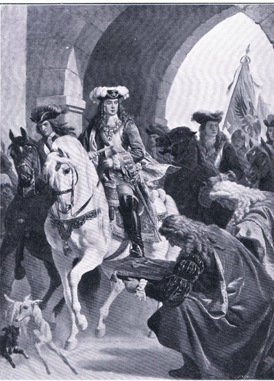 Österrikarna på väg in i Belgrad, illustration från Landmarks in European History publicerad av Gresham Publishing Co, ca 1920 (litho) av Eugen von Blaas