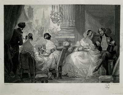 Innenraum der Pariser Oper, Menschen in einer Loge, Gravur von Eugene-Louis Lami von Eugene Louis Lami