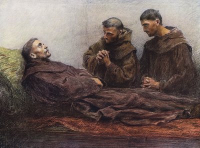 S:t Franciskus sjuk i biskopspalatset i Assisi (färglitografi) av Eugene (after) Burnand