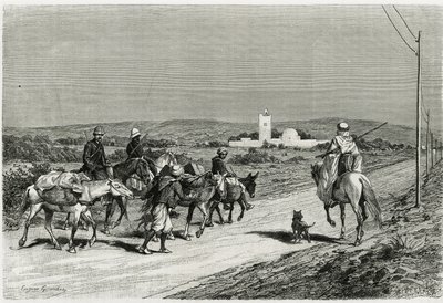 Vår trailer flyttar. Graverad av Eugene Girardet, för att illustrera berättelsen "" Voyage en Tunisie", av Rene Cagnat (1852-1937) historiker och Henri Saladin (1851-1923), arkitekt, beställd 1882-1883, av ministeriet för offentlig undervisning. Publicerad av Eugene Alexis Girardet