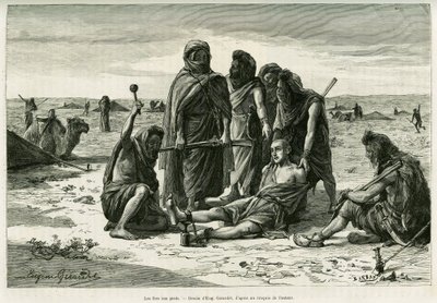 Den kommer att gå på fötterna. Gravyr av Eugene Girardet, för att illustrera historien Cinq mois chez les moures nomades du Sahara occidental, 1887, av Camille Douls, i le tour du monde 1888, under ledning av Edouard Charton (1807-1890), Hachette, Paris. av Eugene Alexis Girardet