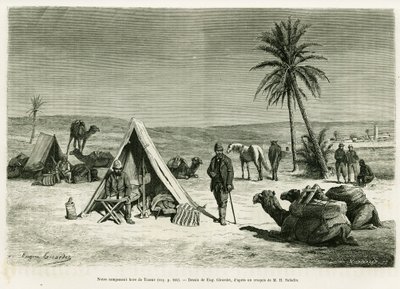 Resenärsläger i närheten av Tozeur. Gravyr av Eugene Girardet för att illustrera berättelsen Voyage en Tunisie, av R.Cagnat och H.Saladin, i le tour du monde 1886, regisserad av Edouard Charton (1807-1890), Hachette, Paris. av Eugene Alexis Girardet