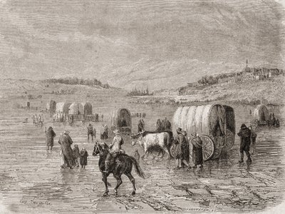 Ett vagnståg på väg västerut på 1860-talet, graverat av Stephane Pannemaker (1847-1930) av Eugene Antoine Samuel Lavieille