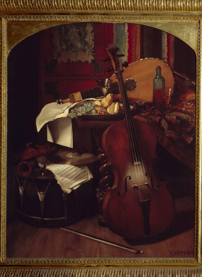 Stilleben med musikinstrument. Målning av Eugene Appert (1814 - 1867) av Eugene Appert