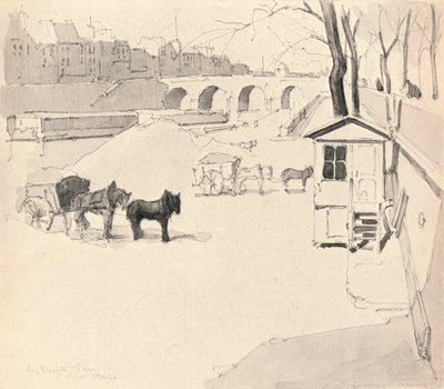 Pont Marie - Hästar och vagnar, 1915 av Eugene Bejot