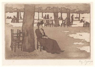 Kvinna i trädgården i Tuilerierna i Paris Jardins des Tuileries Paris (titel på objekt) av Eugene Bejot