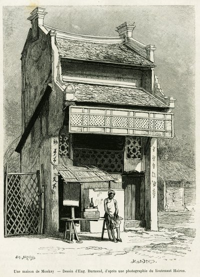 Ett Monkay-hus. Gravyr av Eugene Burnand, för att illustrera historien Sur les frontières du Tonkin, av doktor P.Neiss, i le tour du monde 1888, regisserad av Edouard Charton (1807-1890), Hachette, Paris. av Eugene Burnand
