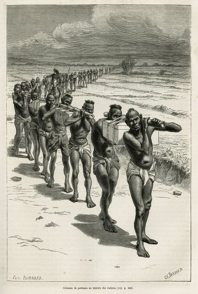 Kolonn av bärare genom risfälten, mellan Bassac och Hue, etsad efter en teckning av Eugene Burnand, för att illustrera historien om Laos och de vilda befolkningarna i Indokina, av Dr. Harmand, 1877, publicerad i tour du monde, under det direkta av Eugene Burnand