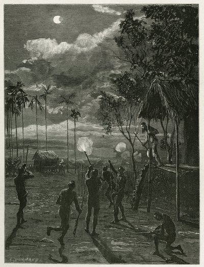 Dr. Harmand vaknar mitt i natten av ljudet från gevären från de inhemska Khas och skjuter mot månen utsatt för en förmörkelse, vid Attopeu (Laos), gravyr av Eugene Burnand, för att illustrera historien om Laos och det vilda. befolkningen i Indo av Eugene Burnand