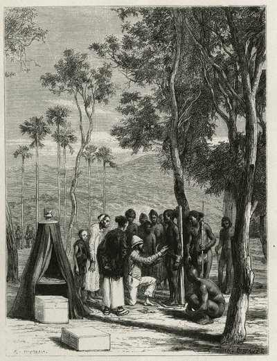 Dr. Harmand genomför en antropologisk mätning av den inhemska Khas, en Attopeu (Laos), gravyr av Eugene Burnand, för att illustrera historien om Laos och de vilda befolkningarna i Indokina av Dr. Harmand, 1877, publicerad i tour du monde, under av Eugene Burnand