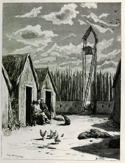 Missionstorget i Meuong Ngan. Gravyr av Eugene Burnand, för att illustrera berättelsen "Resan i övre Laos", 1880, av Dr. P.Neis. Publicerad i Le Tour du monde, nouveau journal des voyages, 2:a terminen 1885, redigerad av Edouard Charton (1807-1890), red. av Eugene Burnand