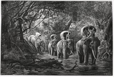 På väg in i skogen reser expeditionen på en elefants rygg. Gravyr av Eugene Burnand, för att illustrera berättelsen "Resan i övre Laos", 1880, av Dr. P.Neis. Publicerad i Le Tour du monde, nouveau journal des voyages, 2:a terminen 18 av Eugene Burnand