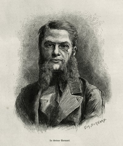 Porträtt av Dr Harmand, gravyr av Eugene Burnand, för att illustrera historien om Laos och de vilda befolkningarna i Indokina av Dr Harmand, 1877, publicerad i tour du monde, under ledning av Edouard Charton av Eugene Burnand
