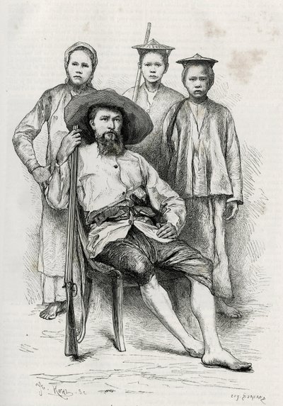 Porträtt av författaren, omgiven av hans reskamrater. Gravyr av Eugene Burnand för att illustrera berättelsen "Journey in Upper Laos", 1880, av Dr. P. Neis. Publicerad i Le Tour du monde, nouveau journal des voyages, 2:a halvåret 1885, redigerad av Edou. av Eugene Burnand