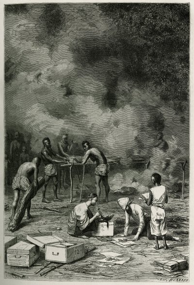 Torkning av herbarieväxter, på stora bambuleror, innan läkaren klassificerar dem och lagrar dem i sina lådor, graverad av Eugene Burnand, för att illustrera historien om Laos och de vilda populationerna i Indokina av doktor Harmand, 1877, publicerad av Eugene Burnand