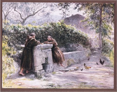 Pasta av St Francis och Friar Masseo vid fontänen. St Francis hyllar fattigdomen, 1919 av Eugene Burnand