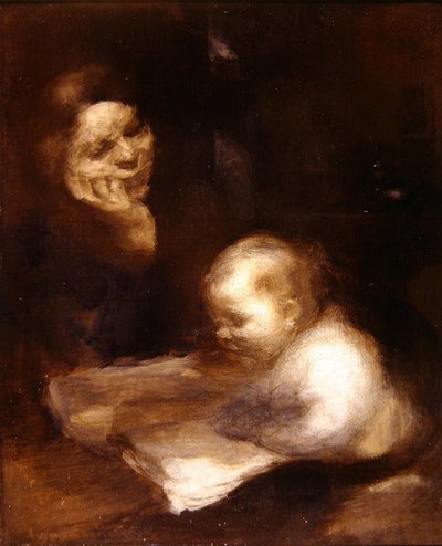 Mor och barn läser (olja på duk) av Eugène Carrière