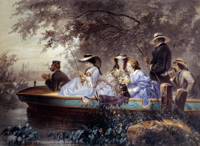 En söndag med familjen, fiske i floden Litografi av Eugene Guerard (1821-1866) 1800-talets Paris, Musee Carnavalet av Eugene Charles Francois Guerard