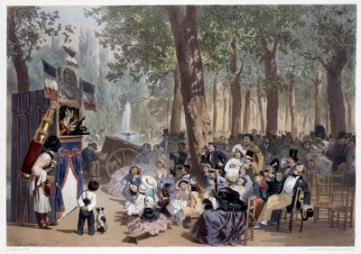 Showen av guignolerna på Champs Elysees i Paris på 1800-talet. Tryck av Eugene Guerard (1821-1866) 1800-talets Paris, Musee Carnavalet av Eugene Charles Francois Guerard