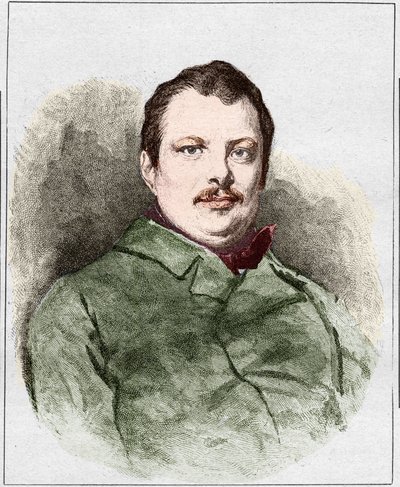 Porträtt av Honore Balzac 1830 (1799 - 1850), fransk författare. Gravyr av Eugene Chiquet. av Eugene Chiquet