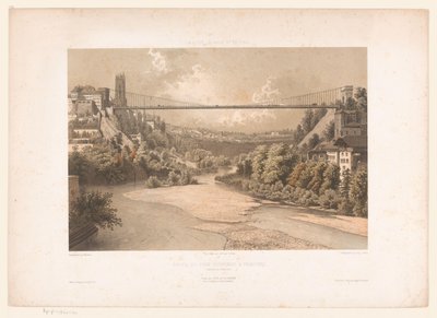 Gezicht op de hangbrug over de Sarine, te Fribourg Schweiz Savojen och Tyrolen / Profil av hängbron i Fribourg (kanton Fribourg) (titel på objekt) av Eugene Ciceri
