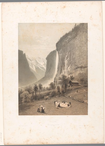 Picknick med utsikt över vattenfallet Staubbach Le Staubbach (titel på objekt) La Suisse et la Savoie (serietitel) Ansikten i Schweiz och Savoy (serietitel på objekt) av Eugene Ciceri
