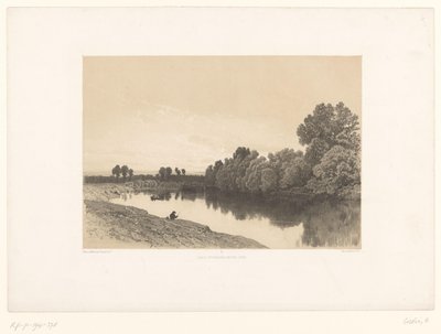 Flodlandskap med fiskare i kvällsljus Pittoreska landskap (serietitel) Croquis pittoresques (serietitel på objekt) av Eugene Ciceri