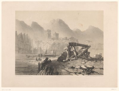 Stadsbild med hamn och berg av Eugene Ciceri