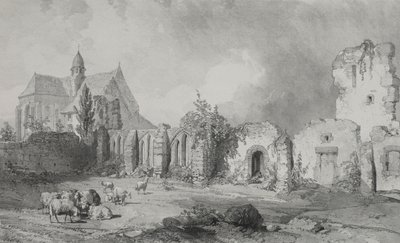 Pittoreska och romantiska resor i det antika Frankrike. Bretagne: Abbey of Relec. av Eugene Ciceri