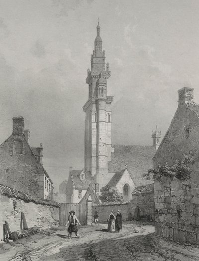 Pittoreska och romantiska resor i det antika Frankrike. Bretagne: Roscoff-kyrkan. av Eugene Ciceri